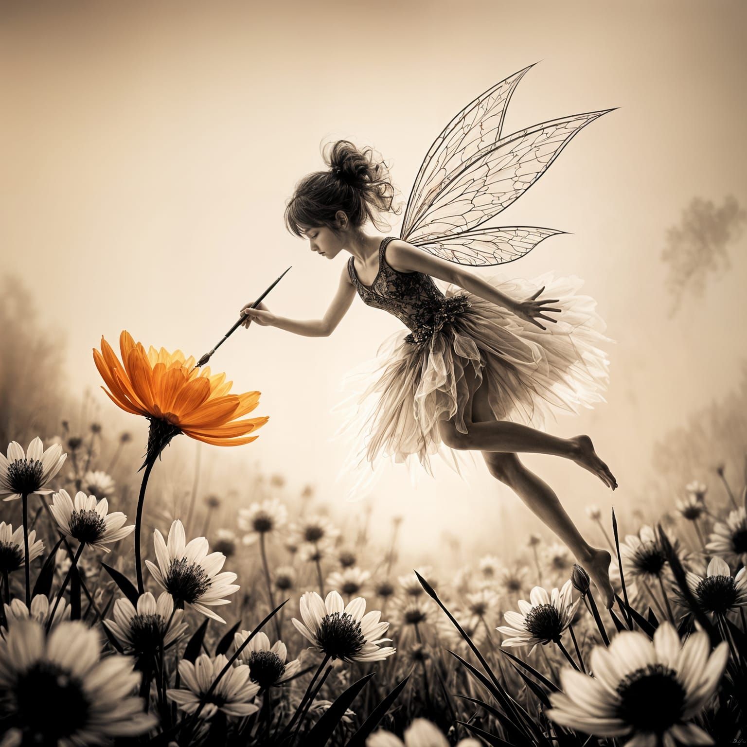 Ethereal Fairy Paints Vibrant Blossom in Dreamlike Landscape