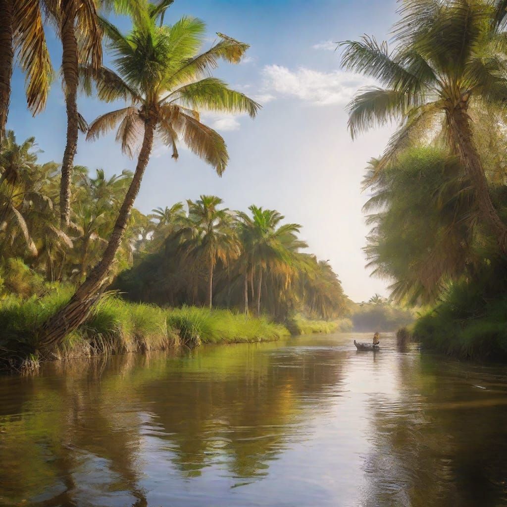 Egyptian God Ra Navigates Solar Barque Across Nile River