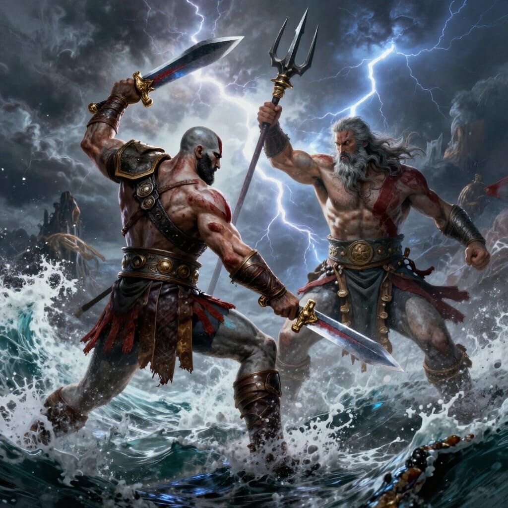 Kratos Battles Poseidon in Stormy Seas Digital Matte Paintin...