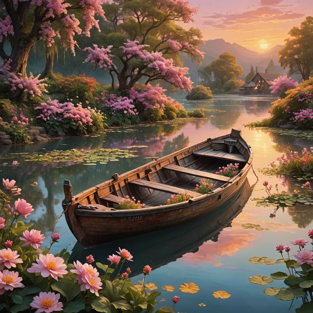Dreamlike River Scene with Floral Boat at Sunset