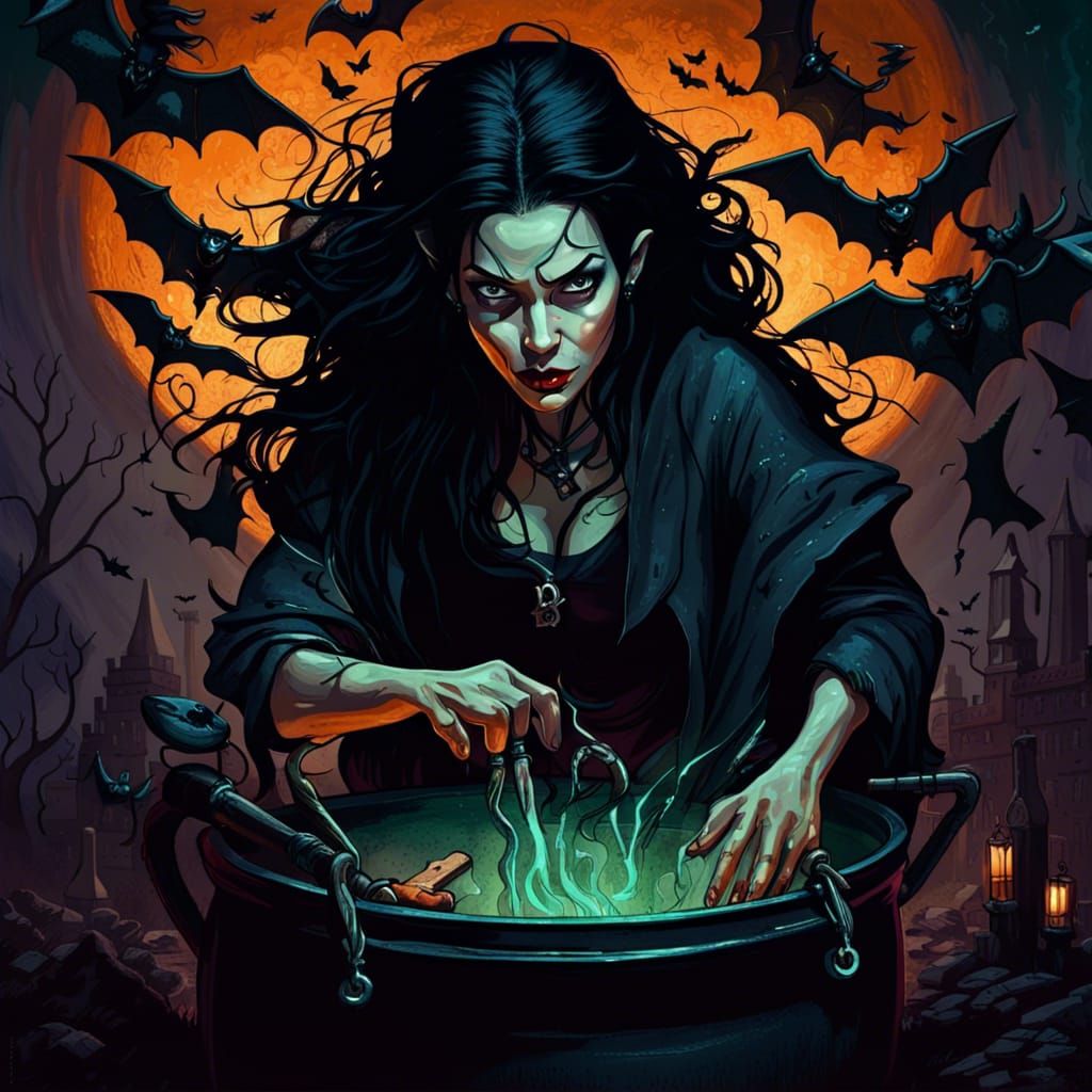 Evil Witch Performing Witchcraft in Noir Style