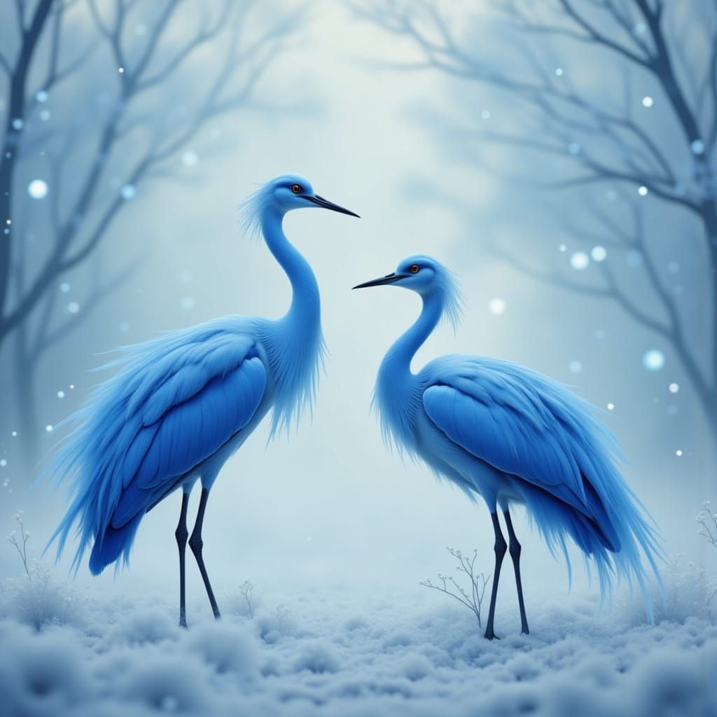 Blue Cranes in Pale Icy Chinese Landscape