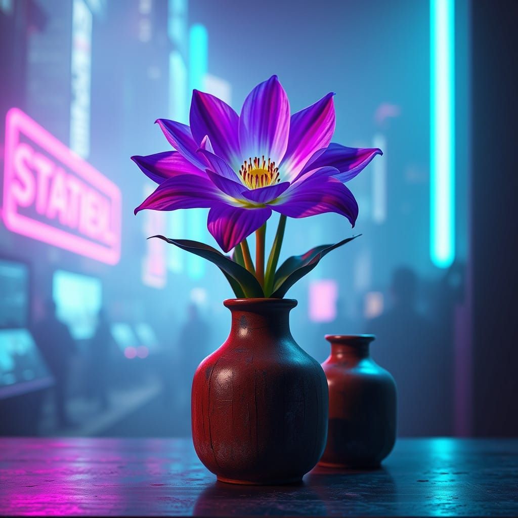 Electric Purple Flower in Distressed Vases, Neon Cityscape