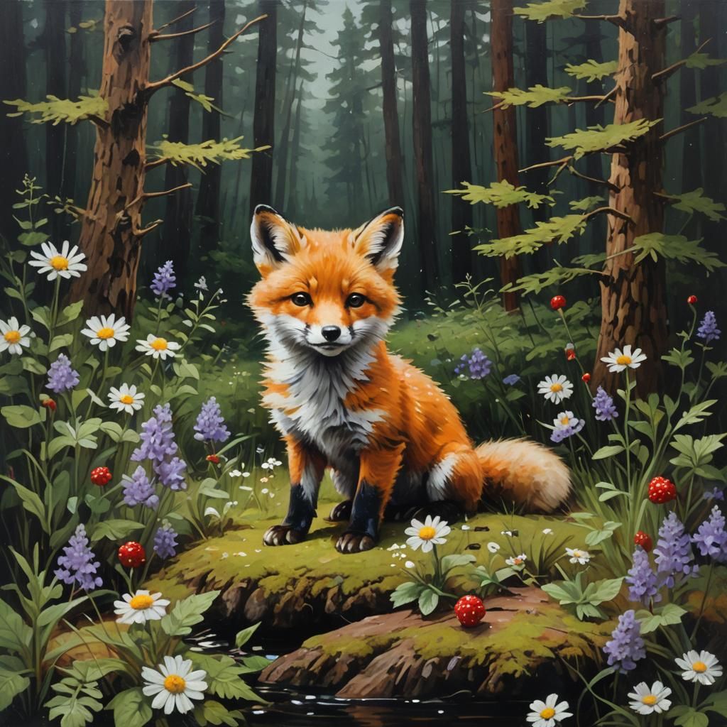 Baby Fox in Dark Forest, Oil Painting