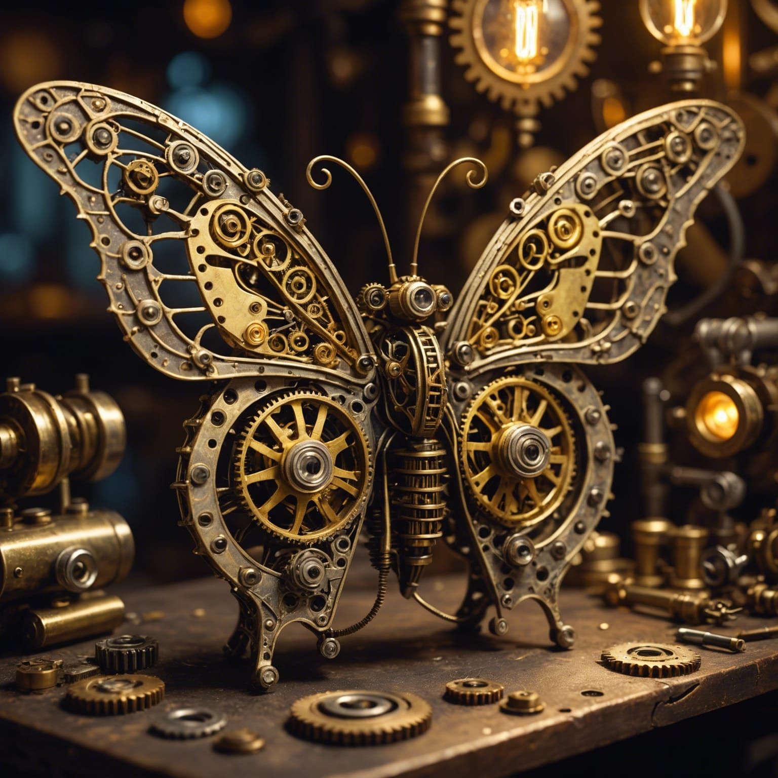 (Steampunk biomechanical still life:1.5) photo of an ornate golden butterfly formed from a complex mesh of interlocking ...