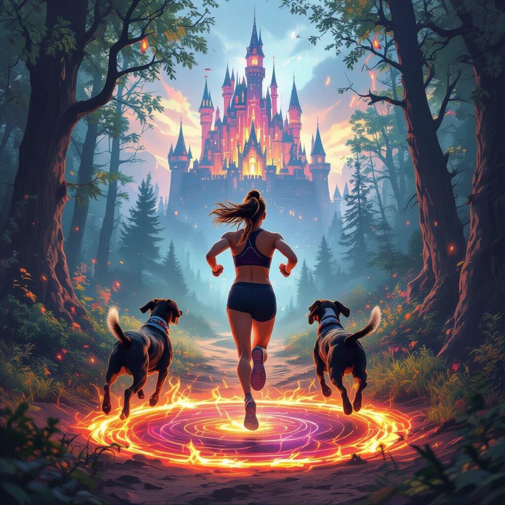 Athletic Mom and Dogs Race to Floating Castle in Fantasy For...