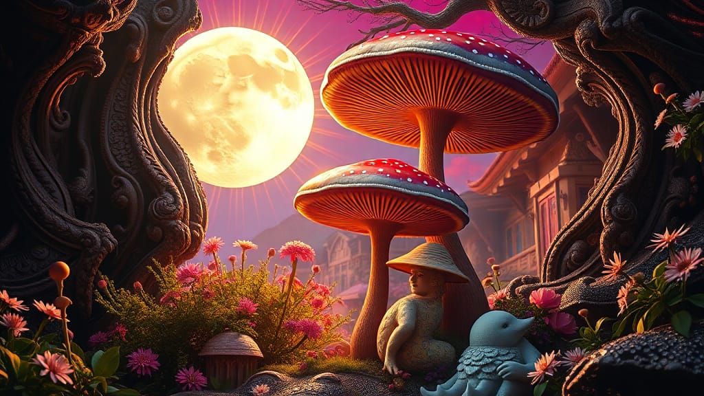 Sun and Moon With Hallucination Mushroom, Ornate Art