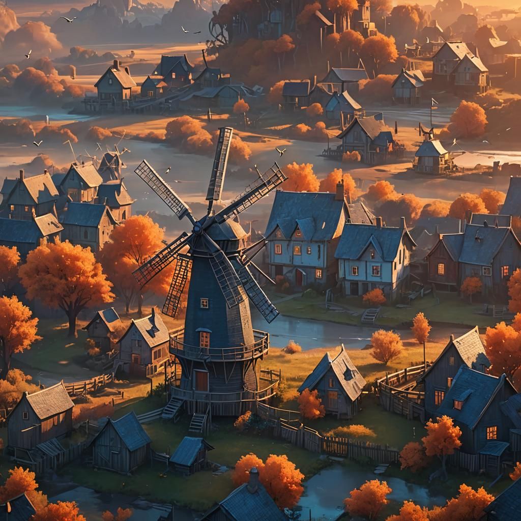 Fantasy Windmill at Dusk in Vibrant Matte Painting