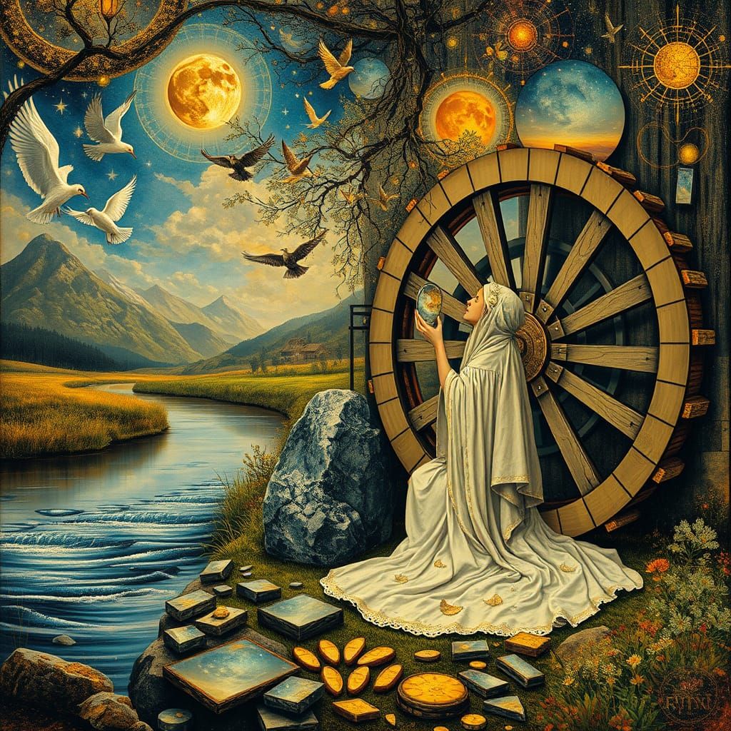 Ethereal Waterwheel Goddess in Dreamlike Landscape
