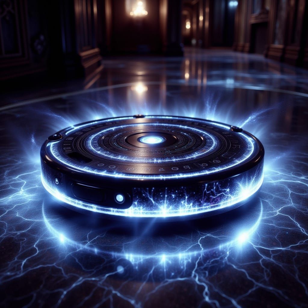 Powerful Futuristic Roomba with Glowing Runes