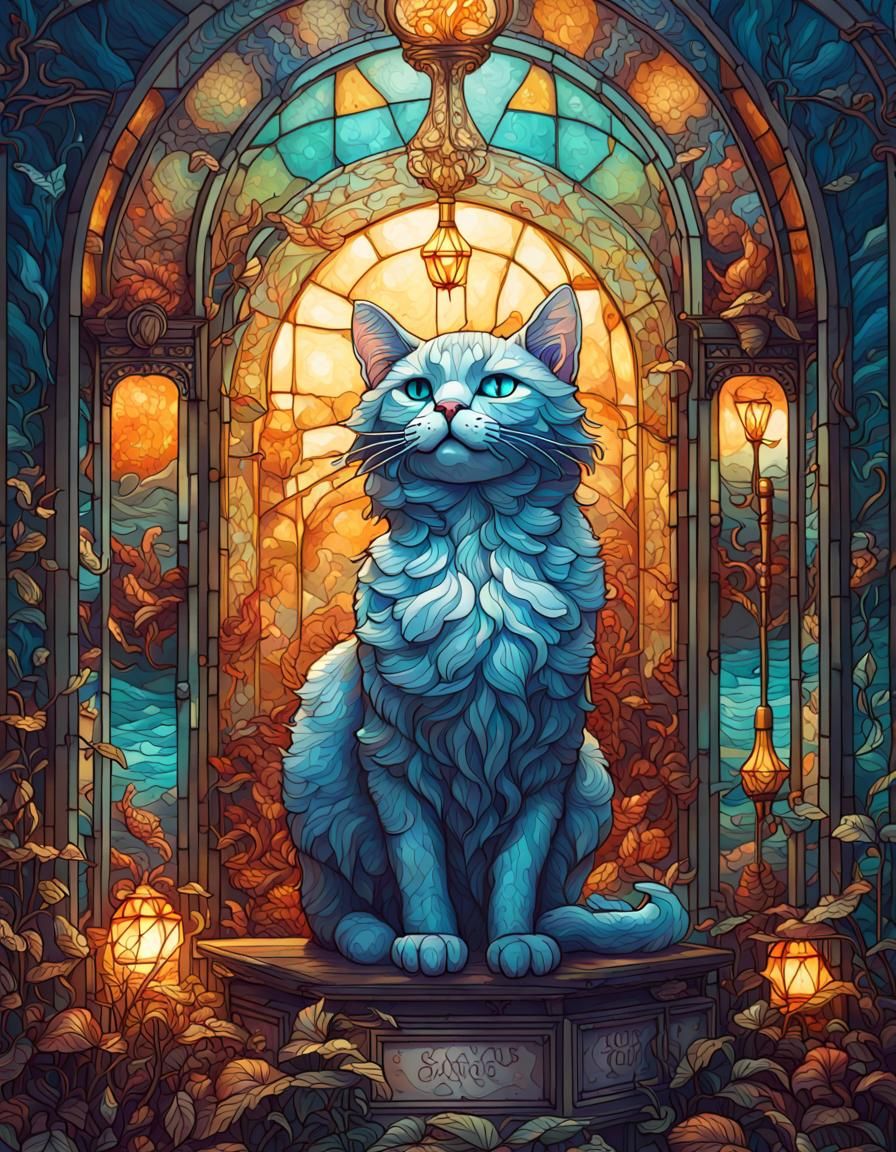 Stained Glass Cat in Hyperdetailed Storybook Style