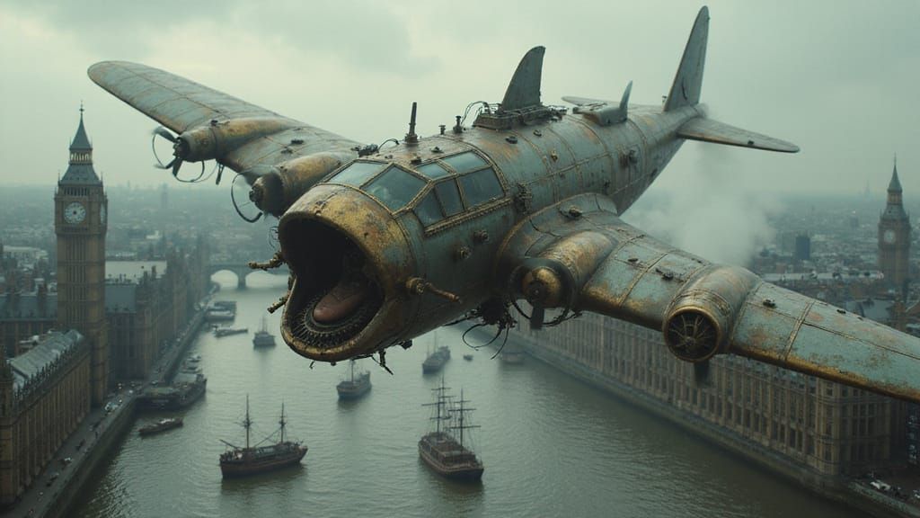 Steampunk Shark Aircraft Soars Over Victorian London