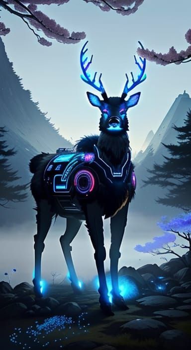 Cybernetic Samurai Deer on Misty Mountaintop