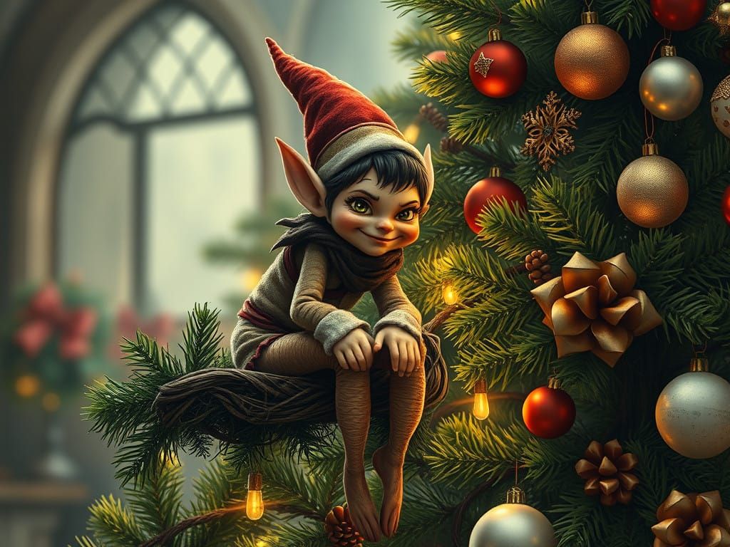 Whimsical Christmas Elf Perched on Lavish Tree