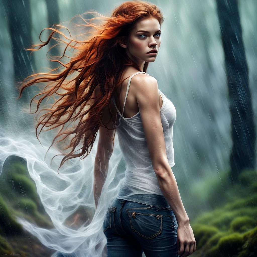 Redhead Sorceress Running in Rainy Forest, Hyperrealistic