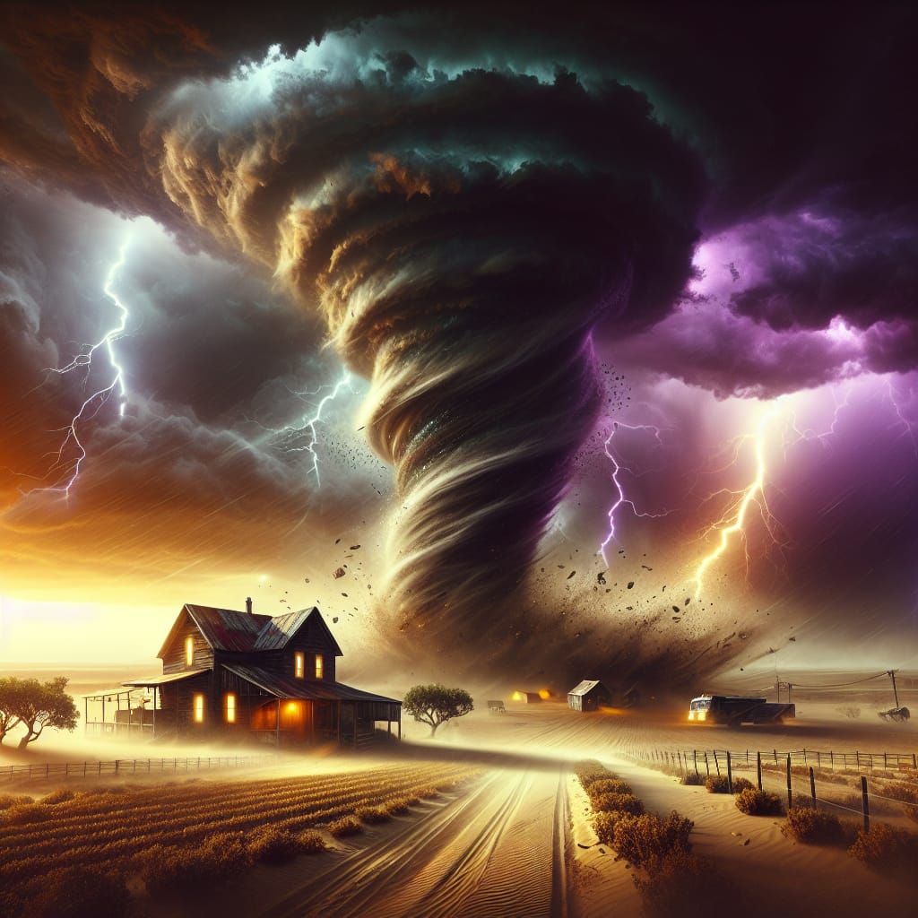 Um grande tornado envolvendo uma pequena fazenda no deserto....
