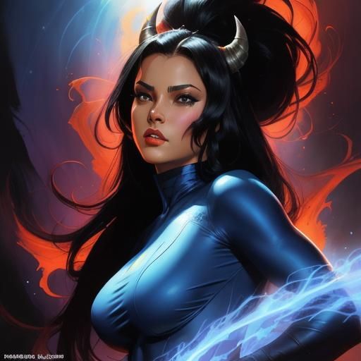 Hyperrealistic Blue Devil Female Portrait