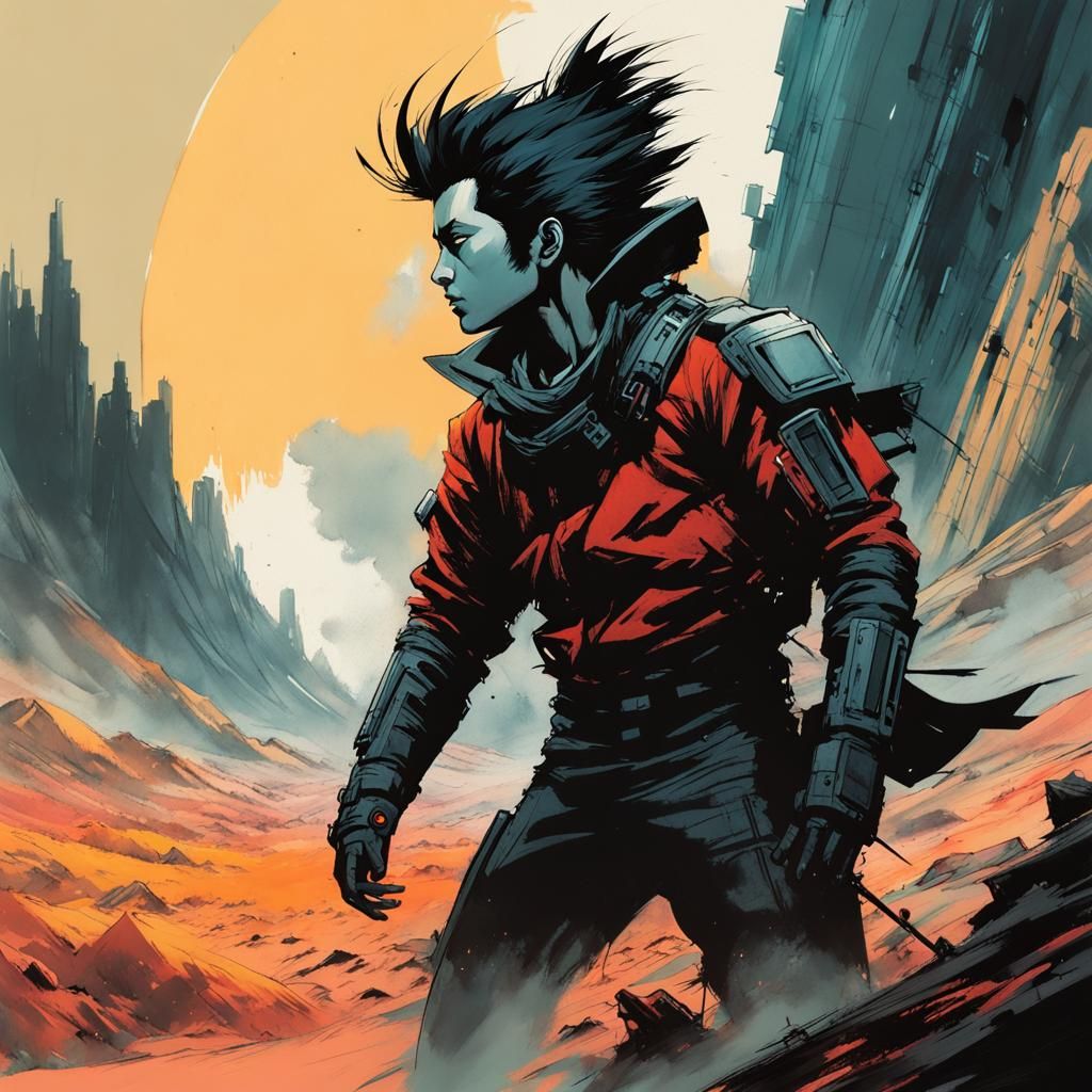 Cyberpunk Ink Painting of Tetsuo in Sci-Fi Landscape