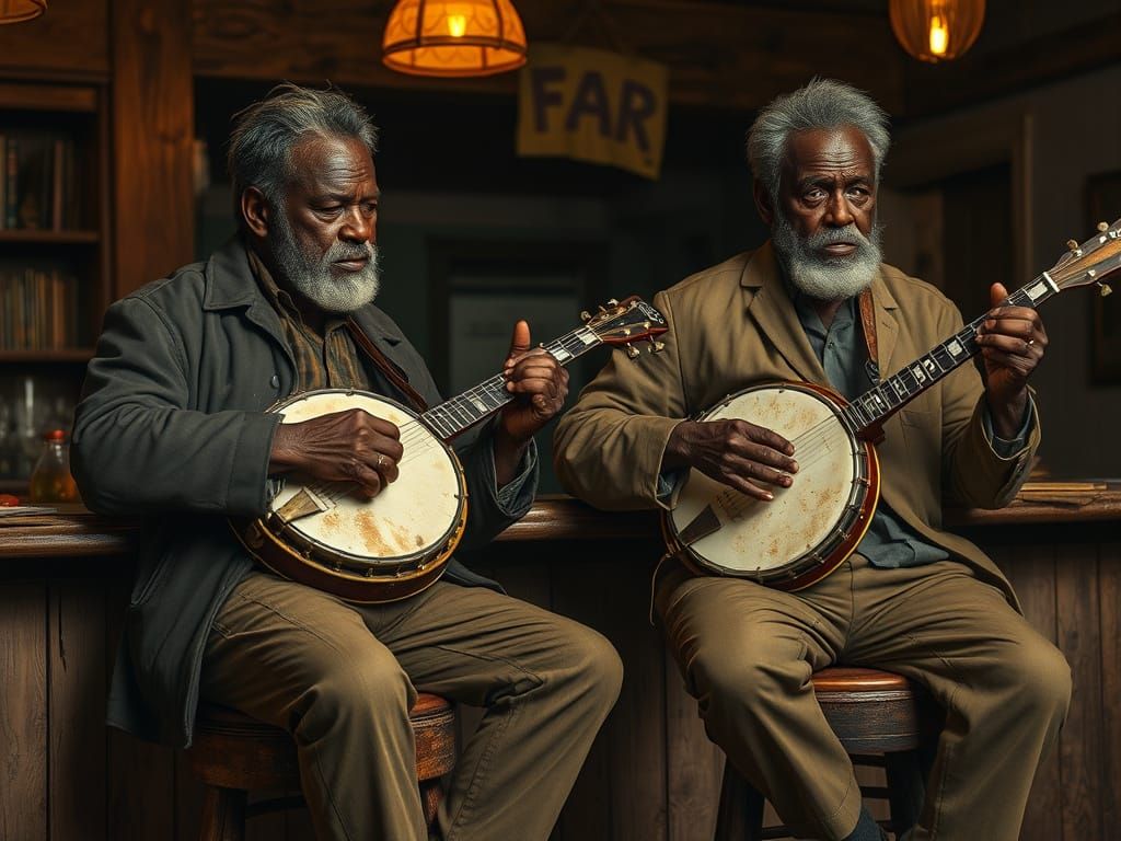 Two Distinguished Gentlemen Play Weathered Banjos in a Cozy ...
