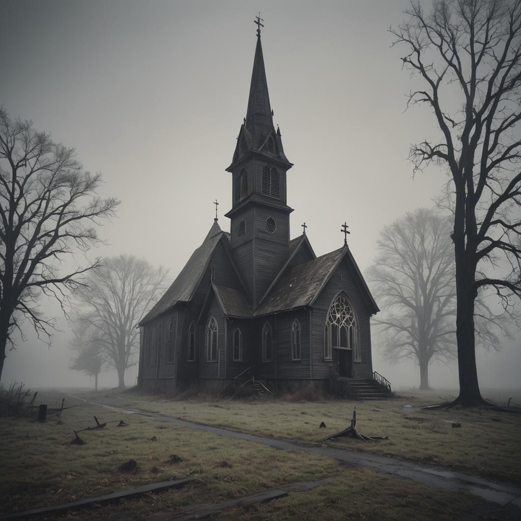 Spooky Abandoned Church in Fog, Dark Fantasy Style