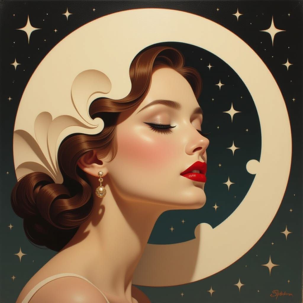 Moon Woman Profile in Stylized Oil Painting