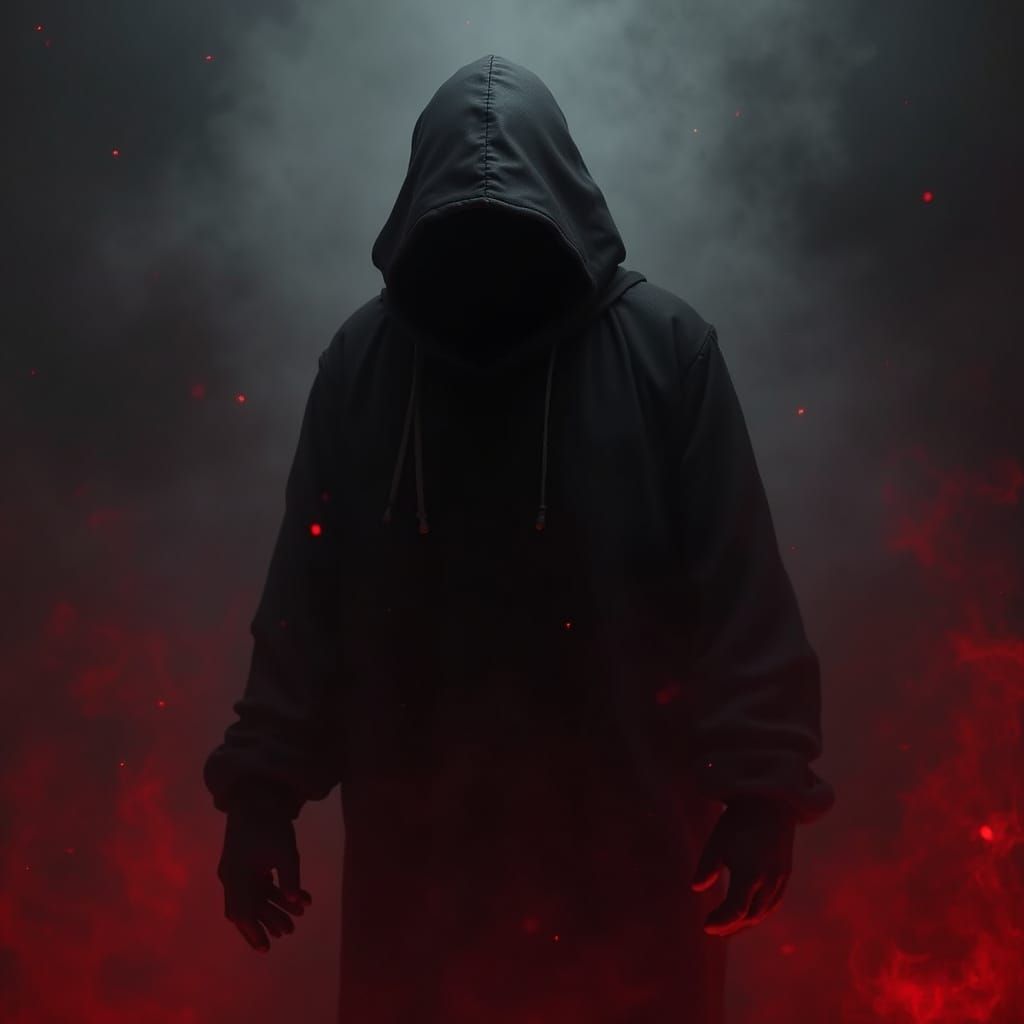 Mysterious Hooded Figure in Shadows with Swirling Smoke