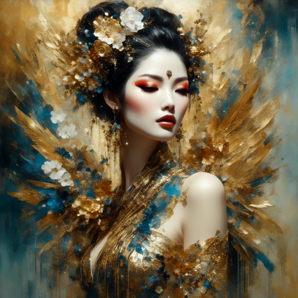 Golden Geisha in Japanese Village Collage