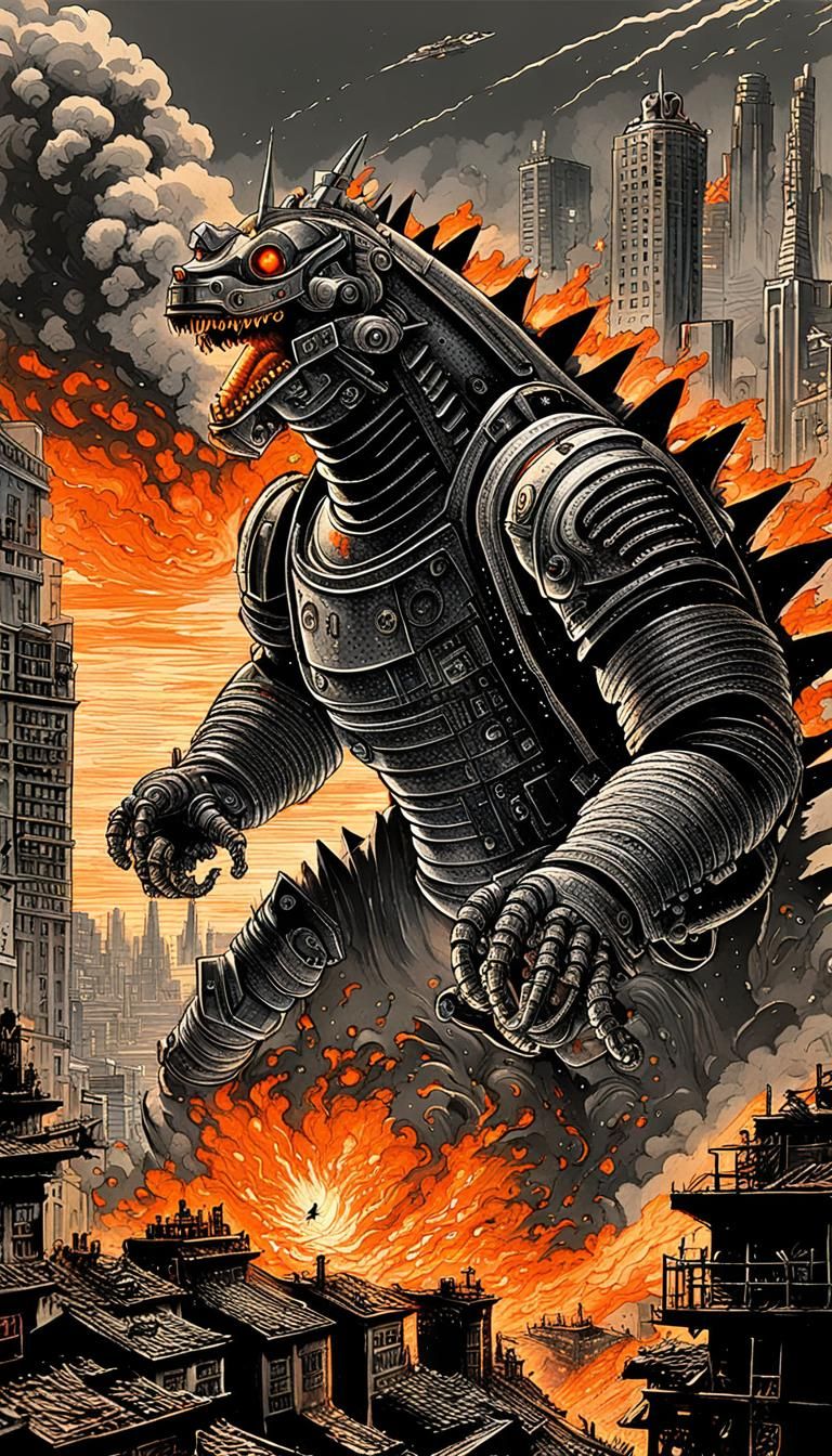 Mechagodzilla Destroys City: 1950s Movie Poster Art