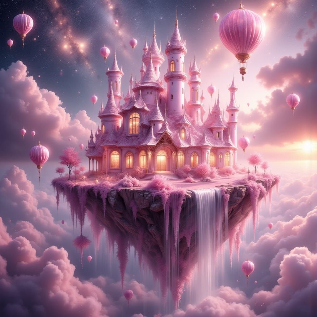 Iridescent Pink Castle on Floating Island with Baby Dragons