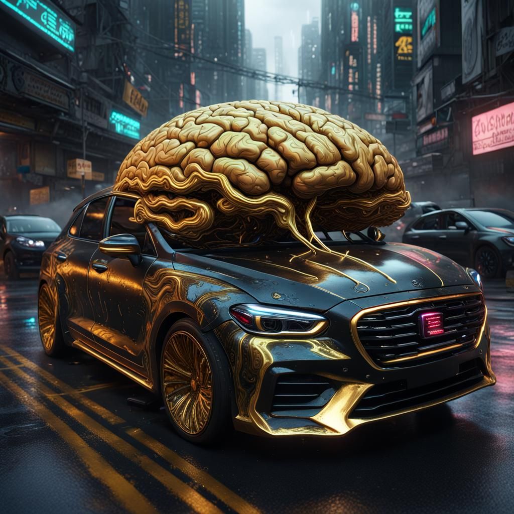 Cyberpunk Golden Brain Emerges from Car