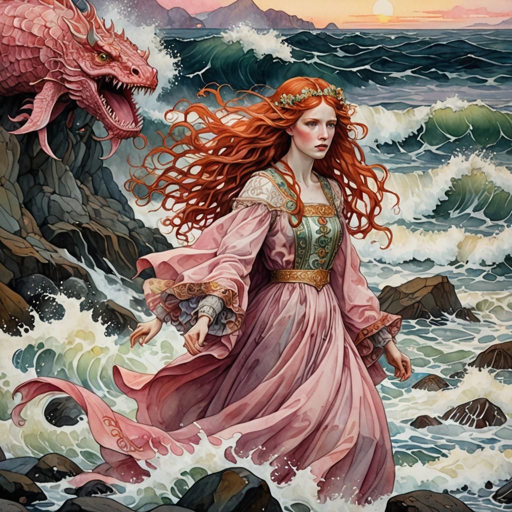 Irish Princess and Sea Monster in Art Nouveau Style