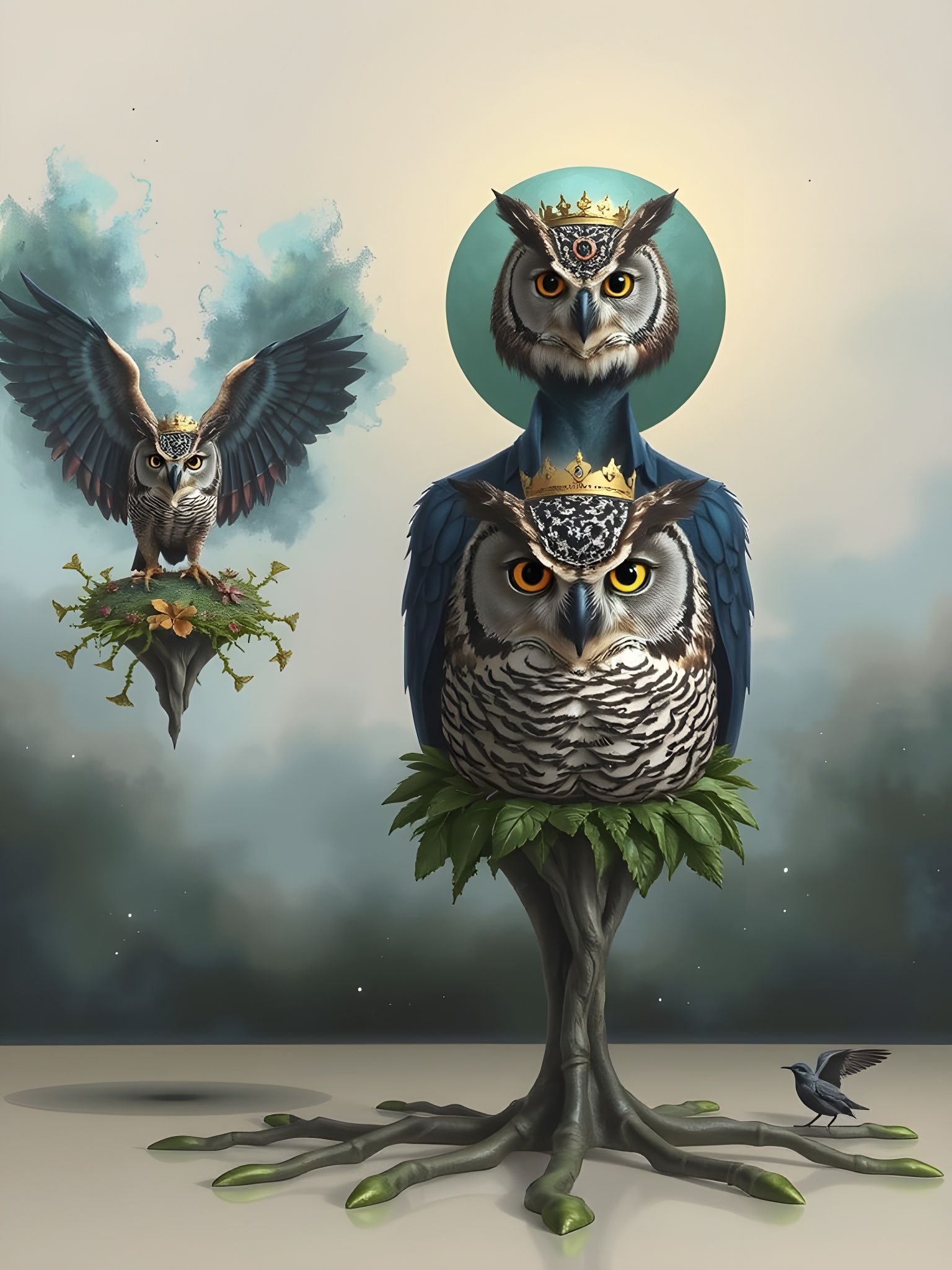 Surrealistic Painting of Wise Owls in Dreamlike Landscape