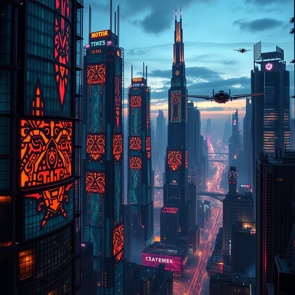 Futuristic Cyberpunk Cityscape at Dusk