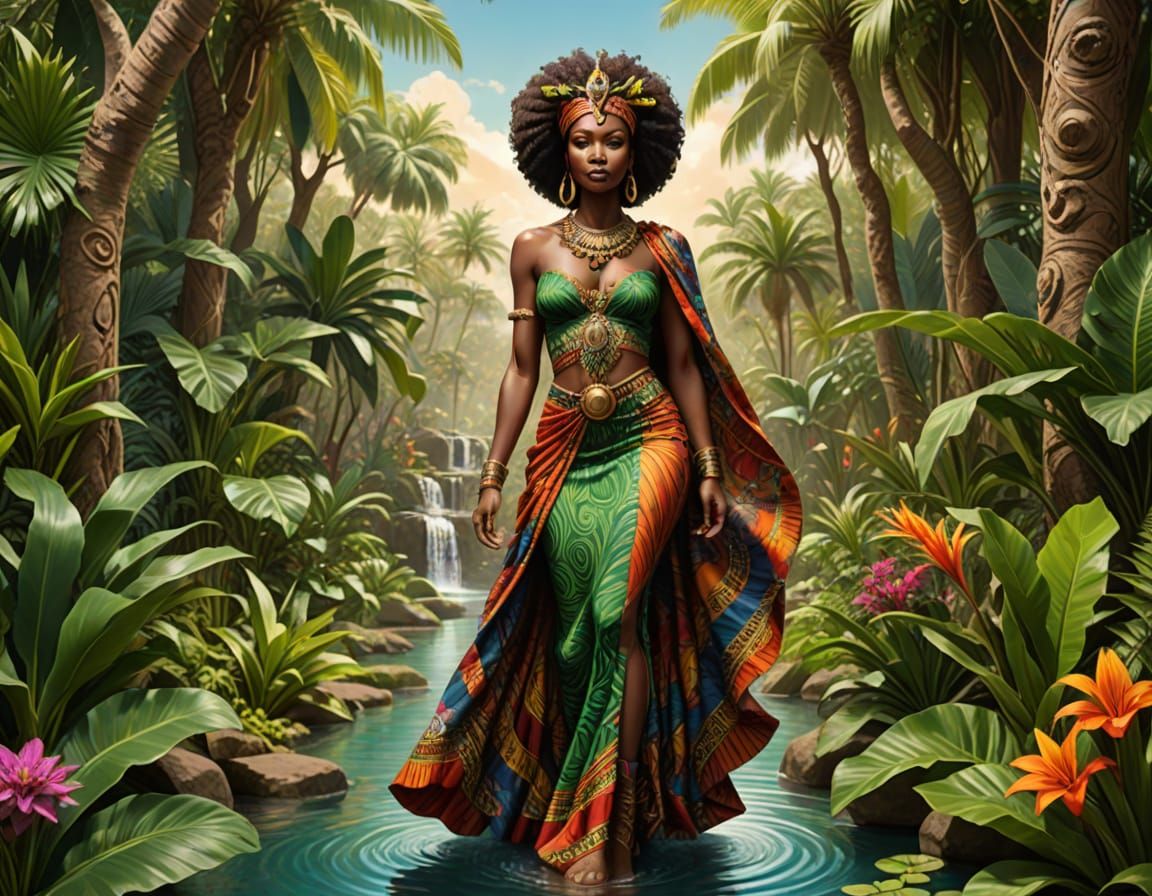 African Goddess Enters Oasis with Lush Greenery