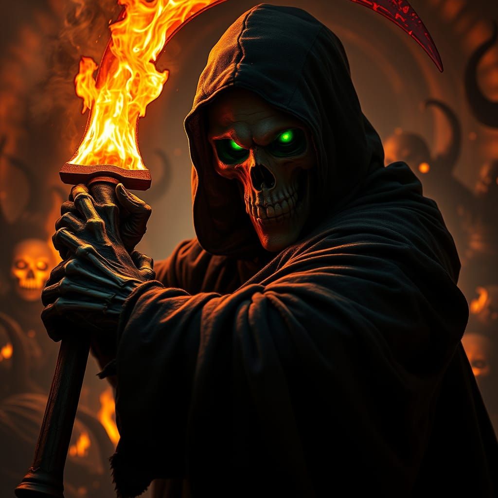 Grim Reaper Fighting Demons in Hell to Protect Soul