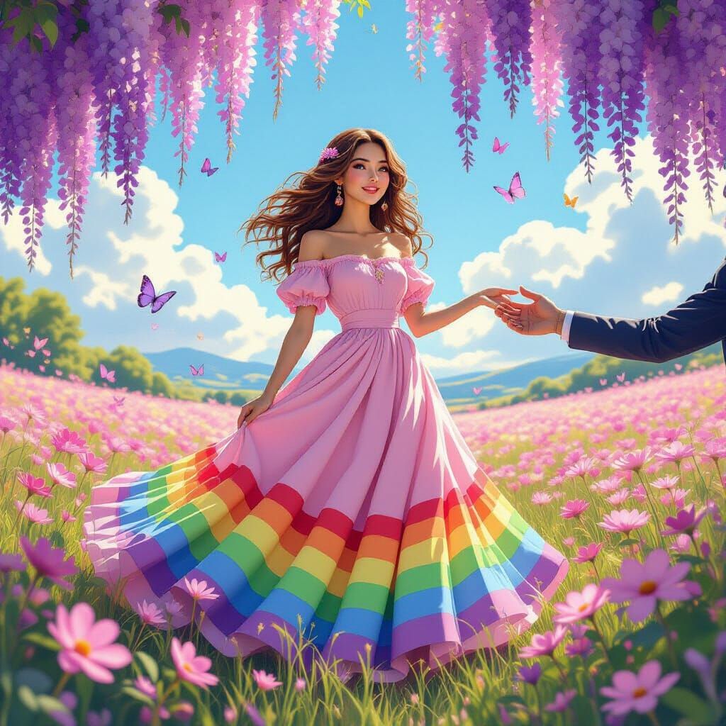 Woman in Floral Field with Man, in Esoteric Style