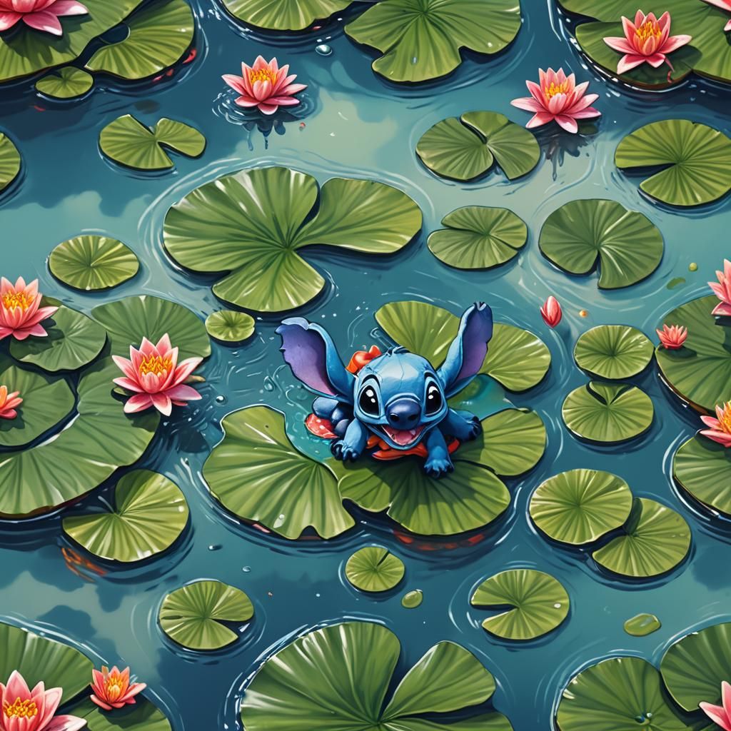 Stitch Relaxing on Lily Pad in Splash Art Style