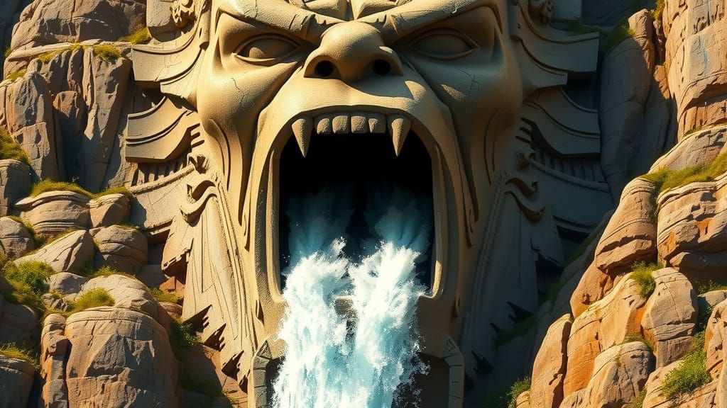 Colossal Stone Head Mountain Waterfall in Hildebrandt Style