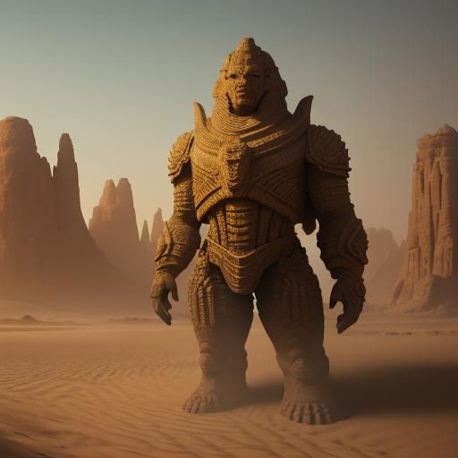 Sandstone Golem Concept Art in Golden Desert Light
