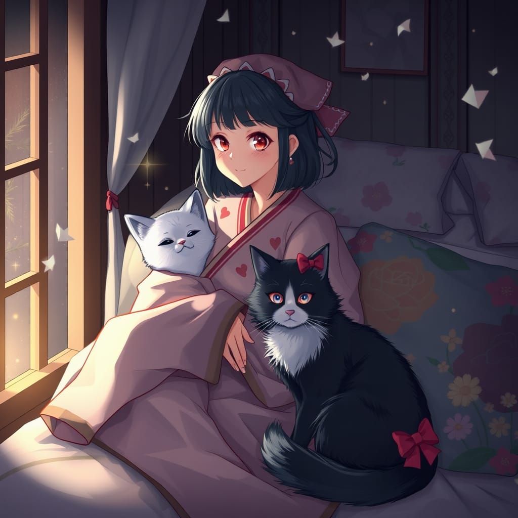 Anime Girl in Striped Pajamas Sleeps Near Fireplace