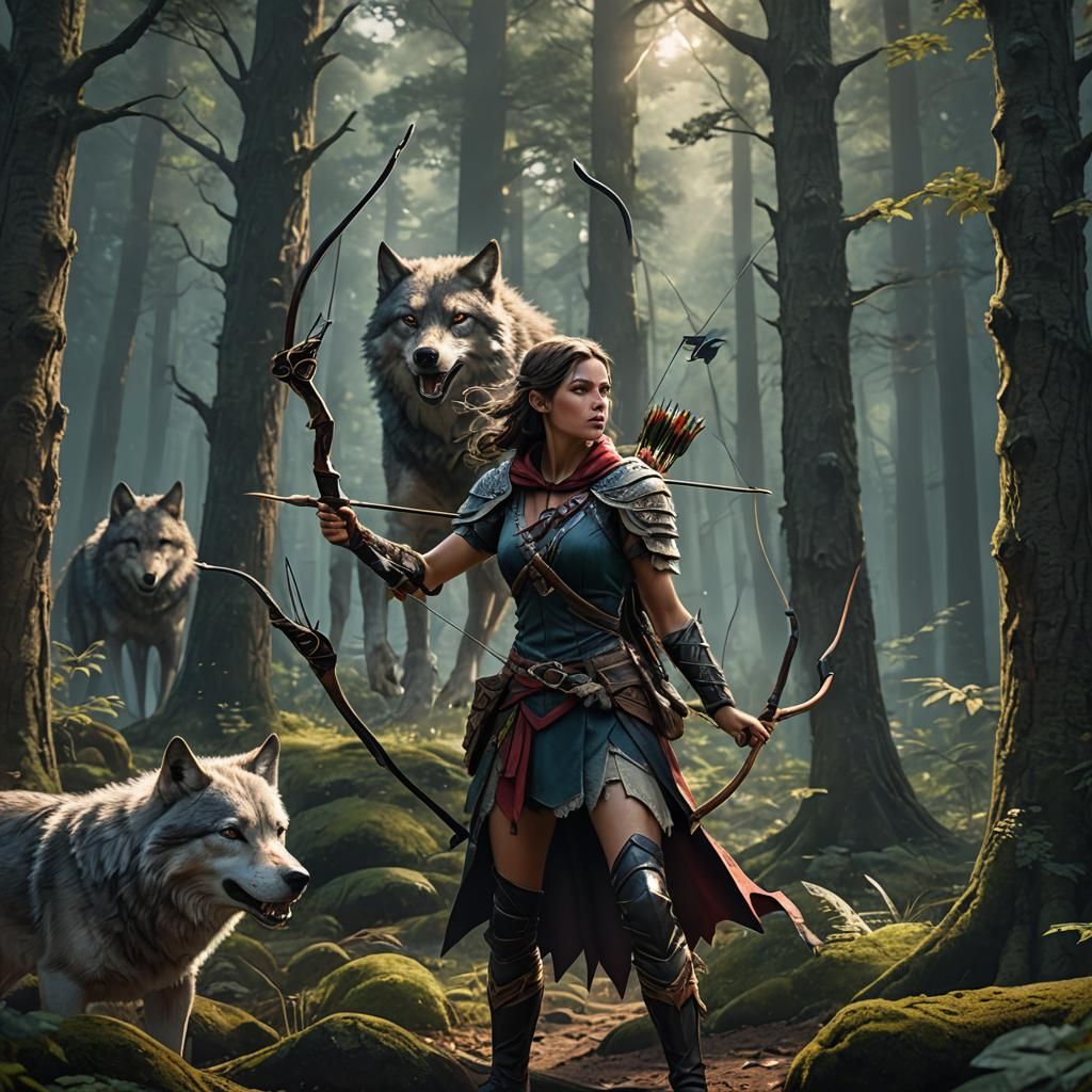 Woman Archer Aiming at Wolf in Forest
