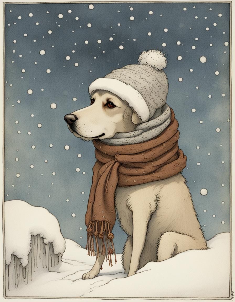 Dog in Winter Scarf: John Bauer Style