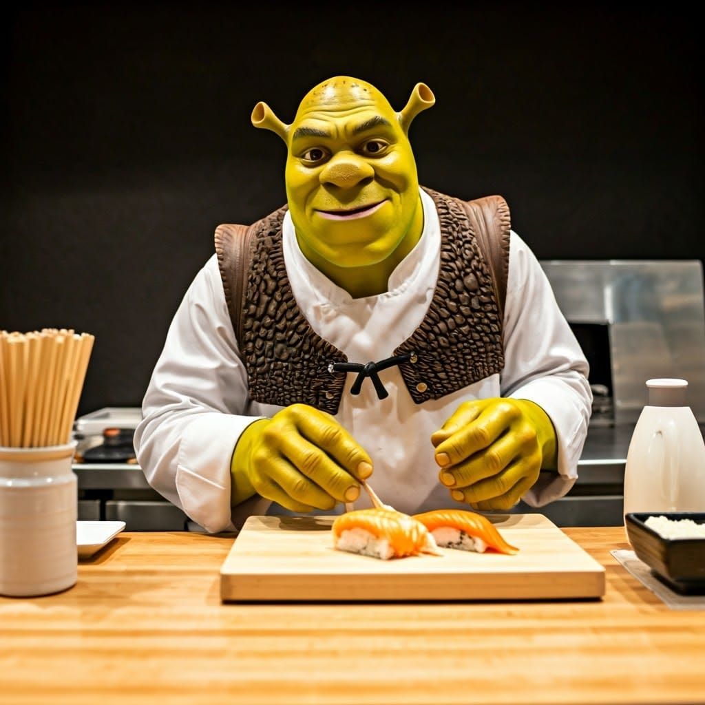 Shrek Sous Chef Preparing Sushi in Restaurant Kitchen