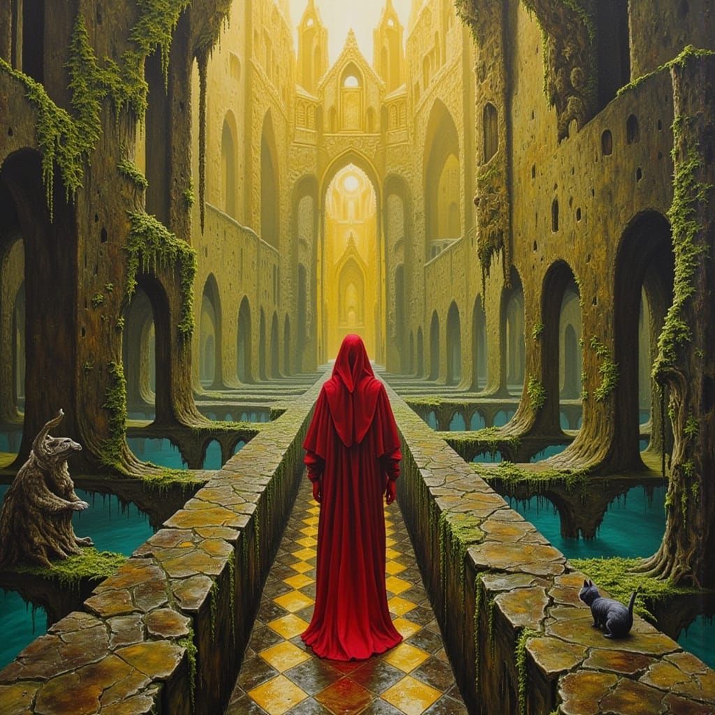 Surreal Ruins with Golden City, Dark Oil Painting