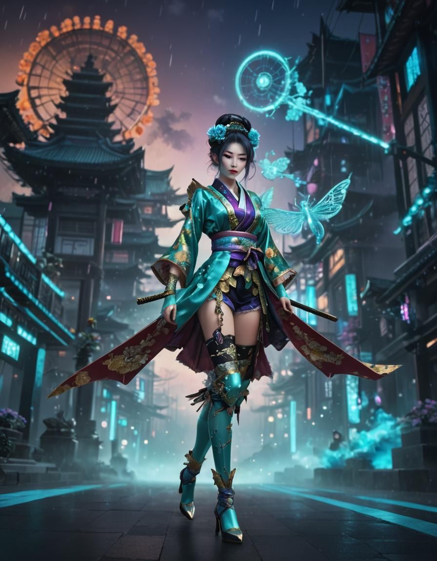 Magical Samurai Girl with Kabuki Makeup in Vaporwave Style