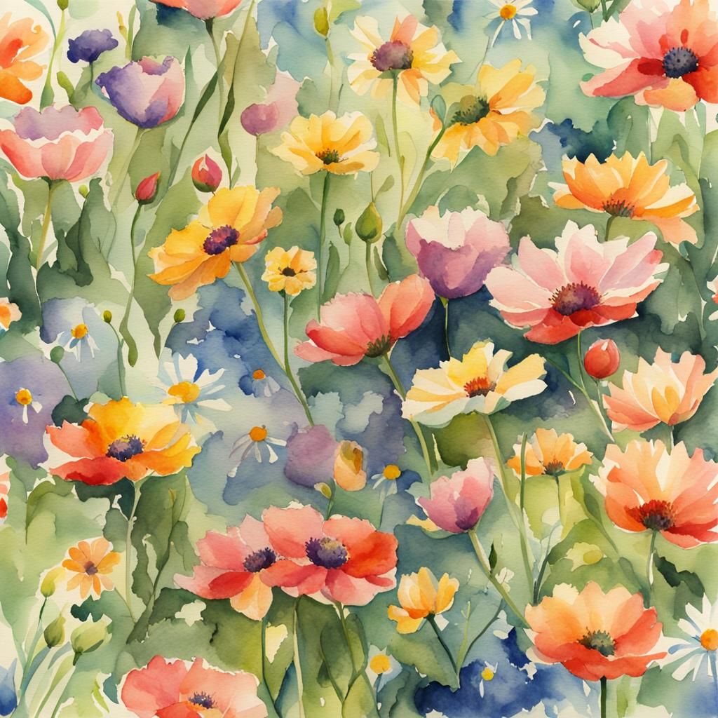 Watercolor Field of Flowers in Bloom