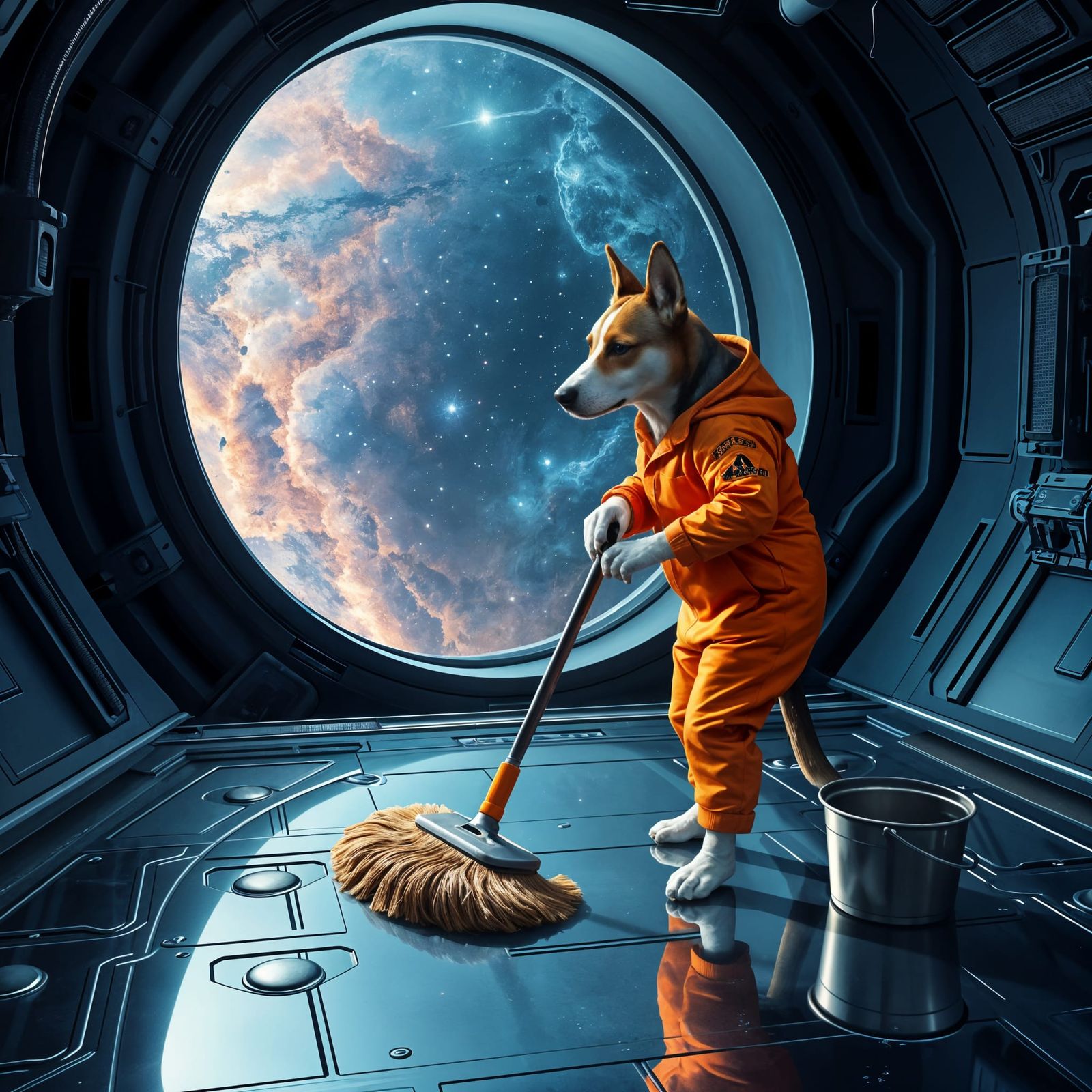 Dog Janitor Mopping a Space Station