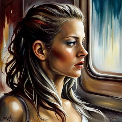 Crying Woman in Train Window: Graffiti Art Style