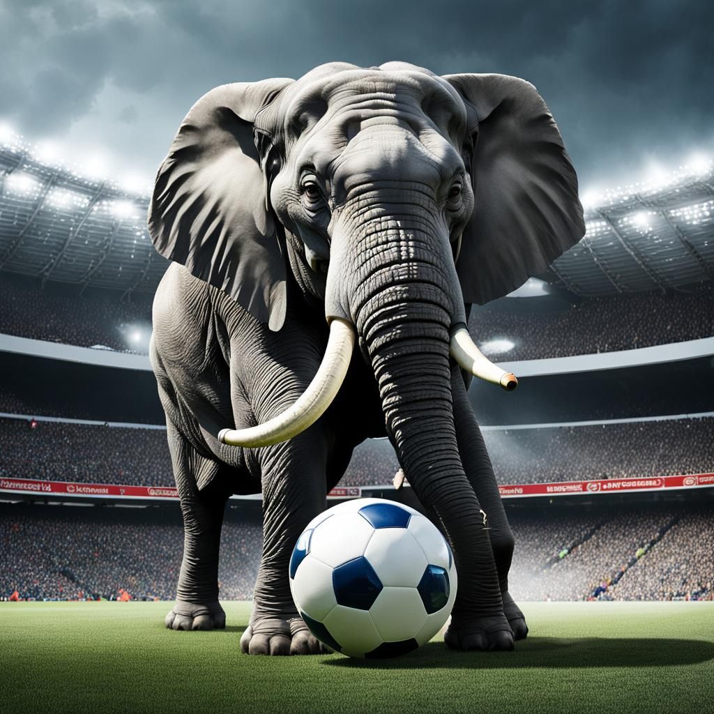 Gray Elephant Plays Soccer with Large Trunk