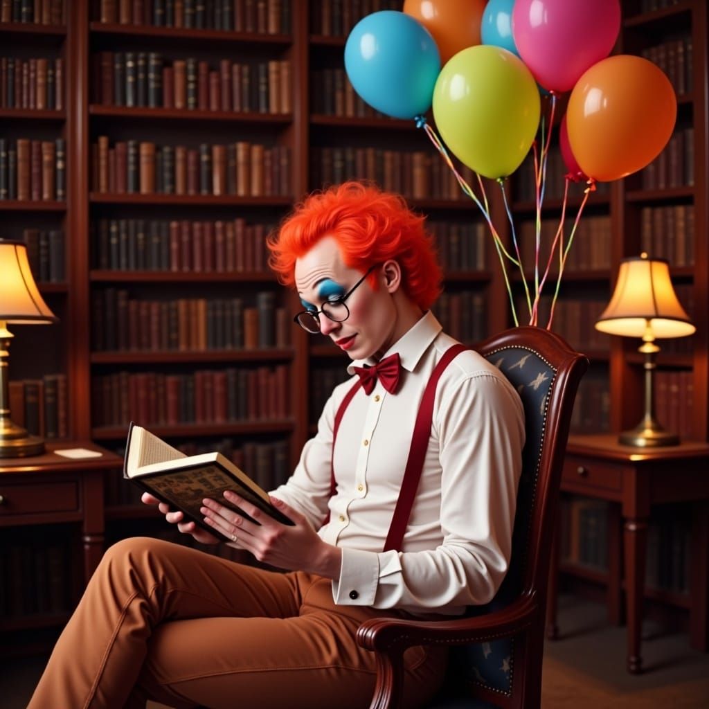 Clown Reading Book in Library, Surreal Art